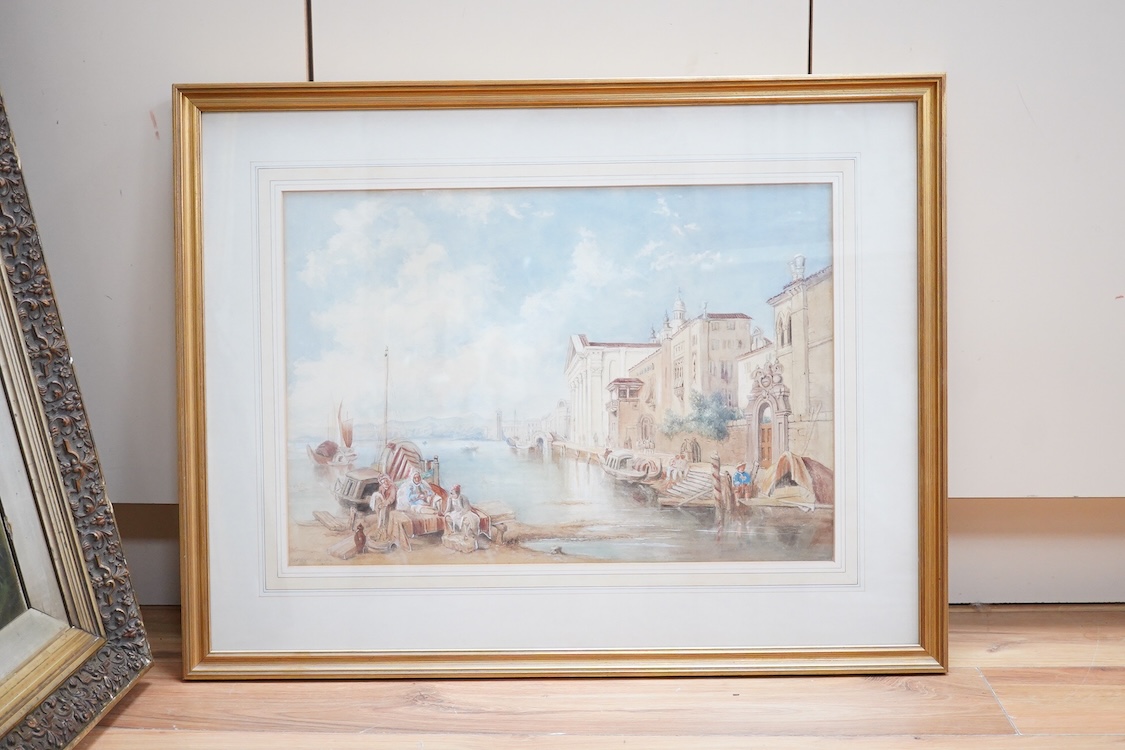 Horace Norman, Italian lakeside scene with boats, gondolas and a building, signed, watercolour, 37 x 53cm